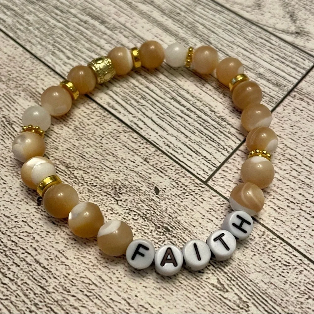 Faith Letter Bracelet Polished Mother of Pearl tan & white, stretch, gold, boxed